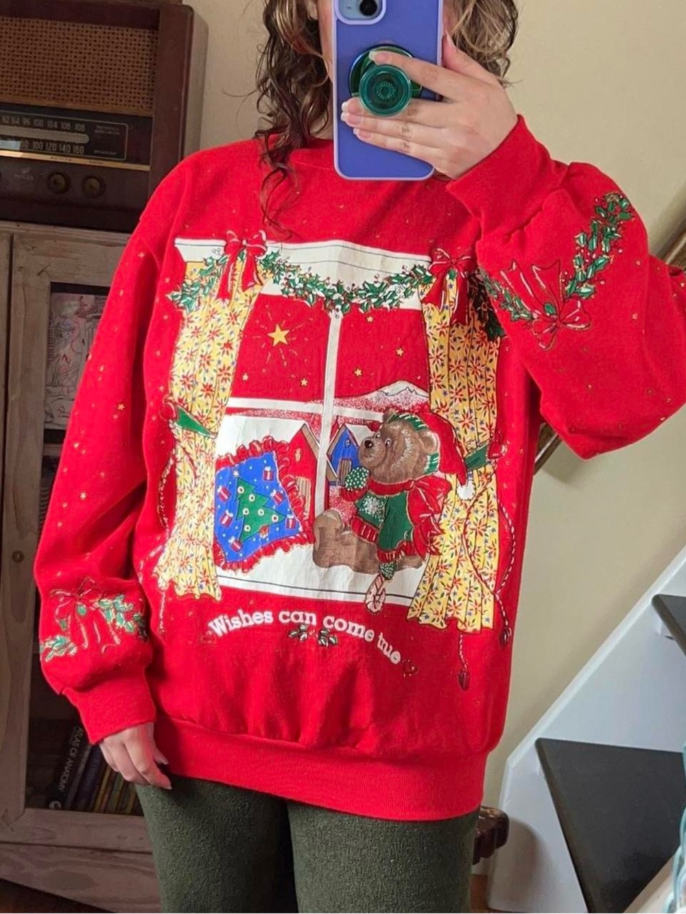 Vintage 90s Holiday time Christmas Sweat shirt Teddy bear holly Soft & Cozy XL